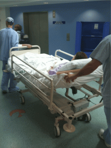 Being wheeled into the operating theater after saying goodbye to Kirk and mum.